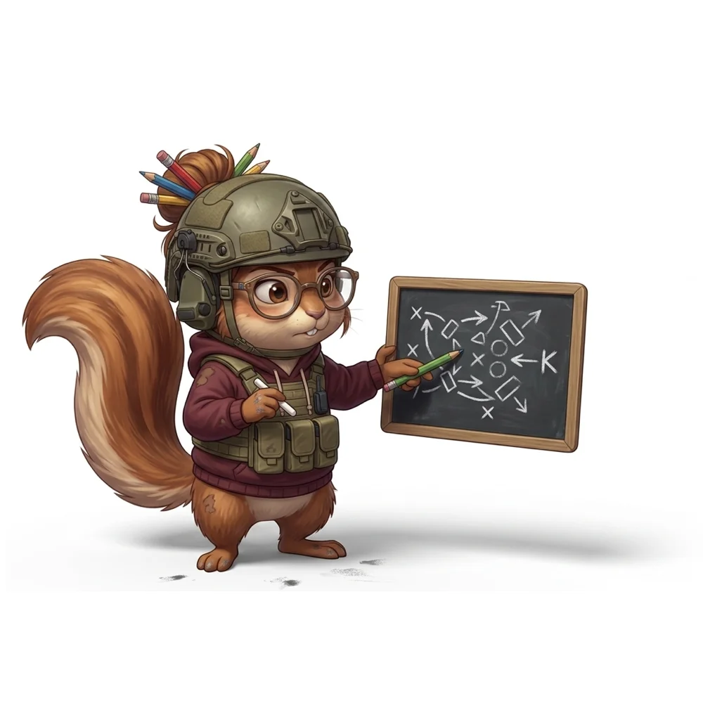 Mascota OPO planificando su estrategia en la pizarra
